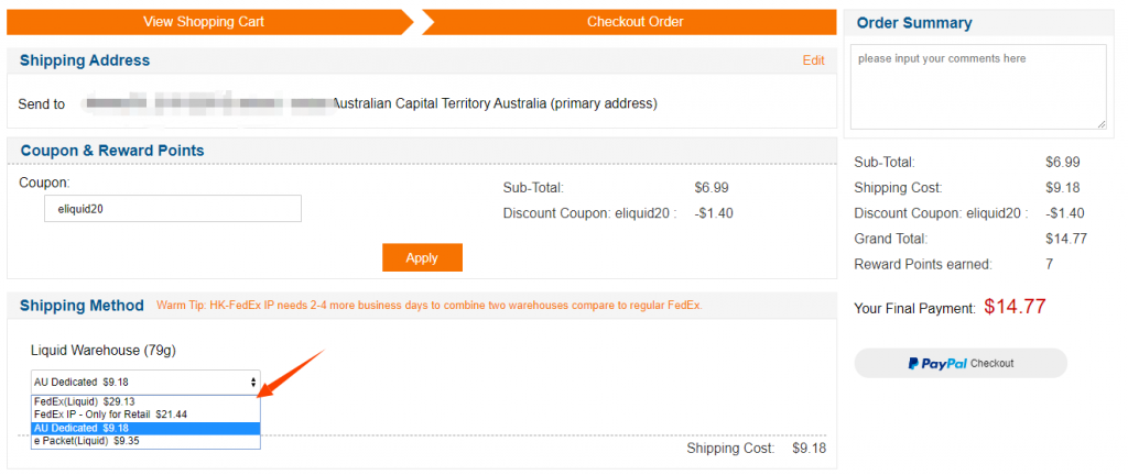 nicotine eliquid shipping options to Australia