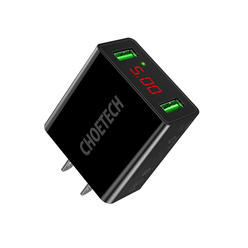 CHOETECH C0028 2*USB A Ports 15W Wall Charger With Digital Display Fast Charging For 7/7 Plus/6S/6S Plus/6 Plus/6/SE (2020)/ 11/ 11Pro/11ProMax/XsMax,/XR/ XS/X/8/8 Plus/ AirPods/Ipad/Samsung/LG/HTC/Huawei/Moto/xiao MI and More