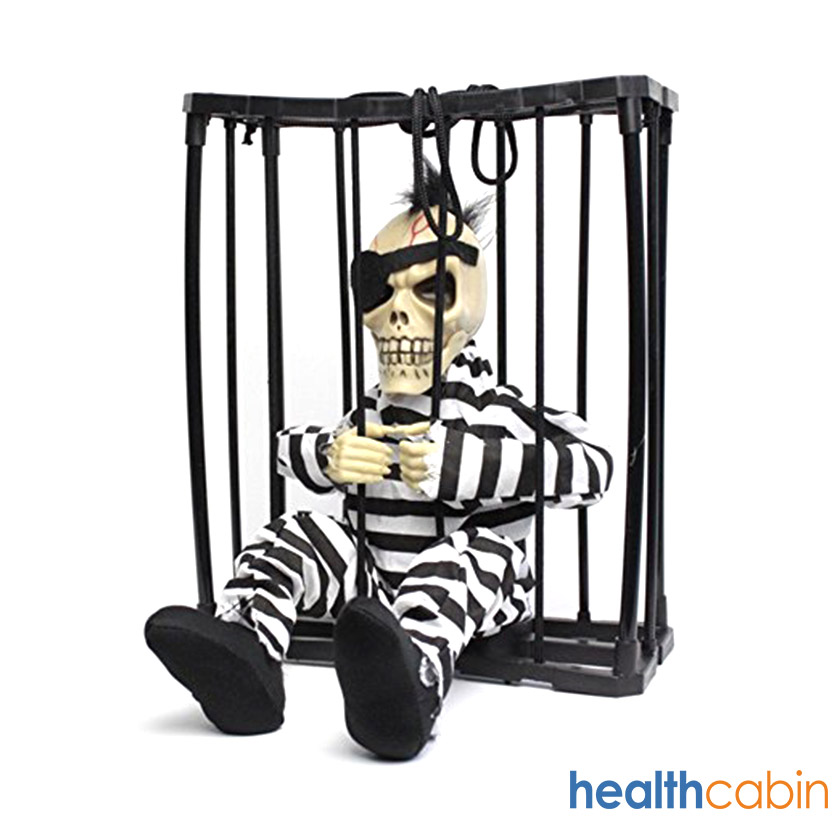 Halloween Motion Sensor Hanging Caged Animated Jail Prisoner Skeleton Terror Decoration Flashing Light up Prop Toy