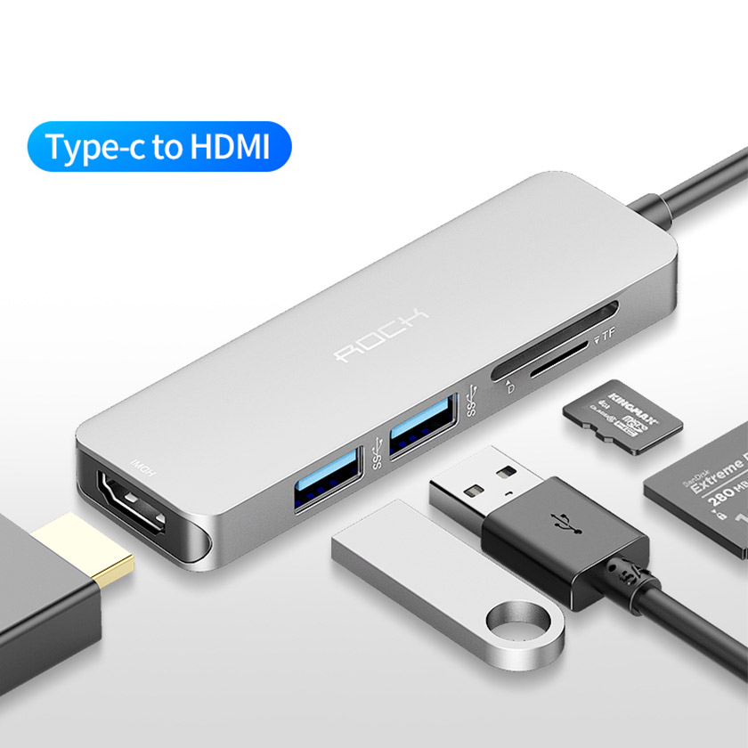 ROCK Type C to HDMI,USB3.0,2Port,SD,PD Converter