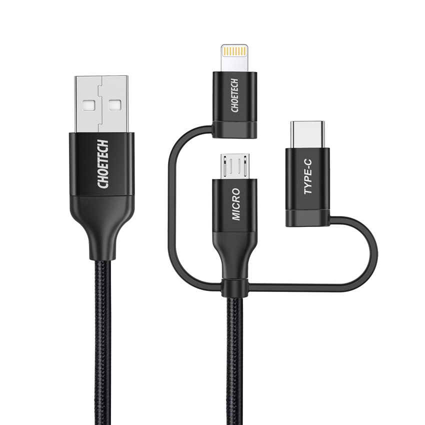 CHOETECH IP0030  Connectors MFI certified 3 in 1 Lightning & Micro USB & USB-C to USB-A/M Nylon braided Cable Fast Charging