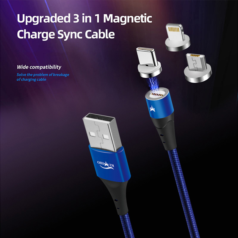 Kuiho K1 3 in 1 Magnetic 3A Braided Fast Charge Sync Cable