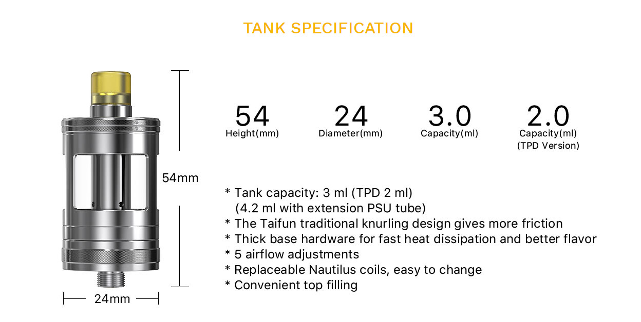 Aspire Nautilus GT Tank Specifications