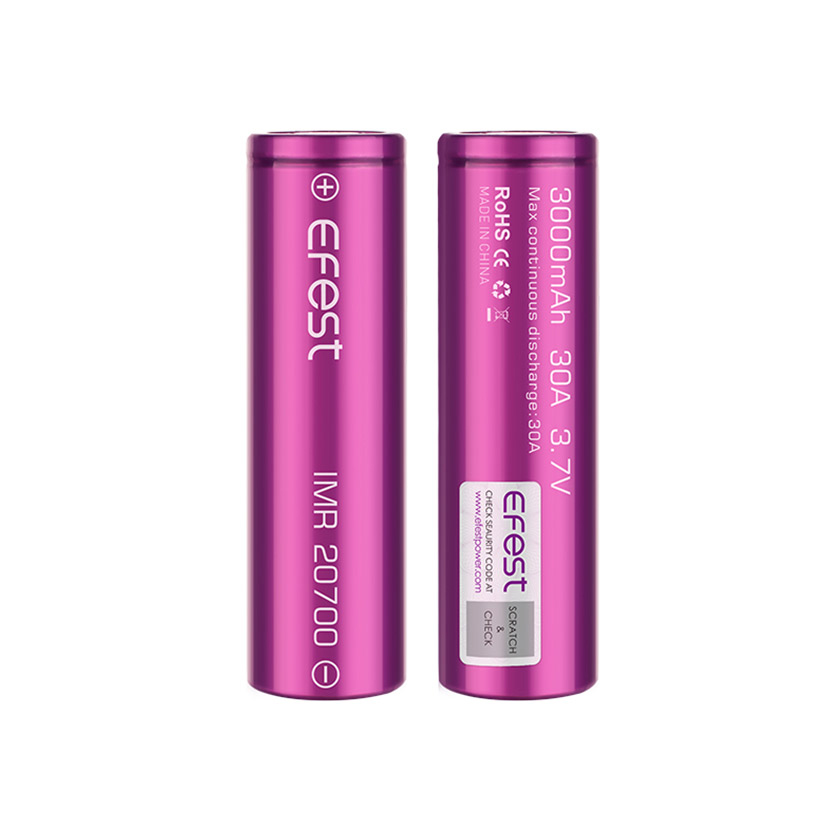 2pcs Efest IMR 20700 3000mAh 30A Flat Top Li-ion Rechargeable Battery