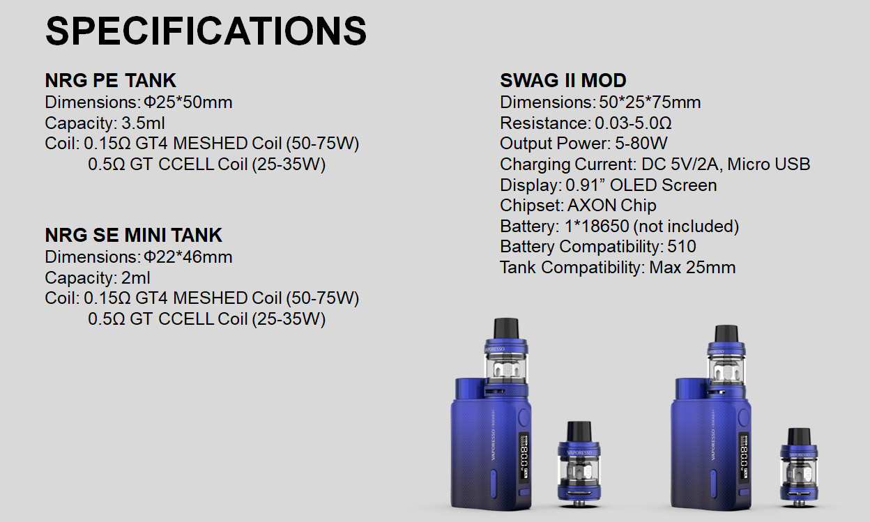 Vaporesso SWAG II 80W Mod Kit with NRG PE Tank 3.5ml
