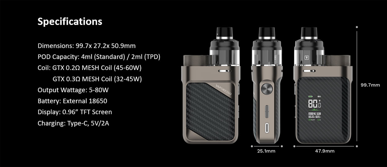 Vaporesso SWAG PX80 80W Box Mod Kit with SWAG Pod Tank 4ml