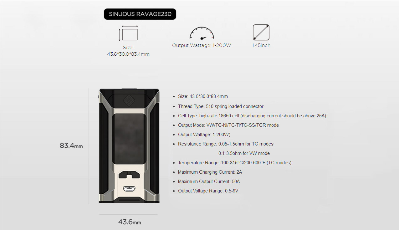 Wismec Sinuous Ravage230 200W Mod